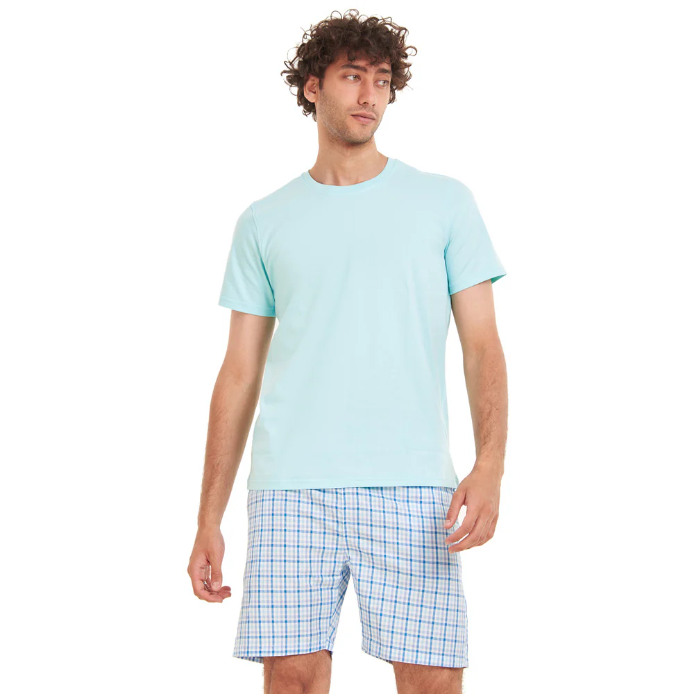 Men summer pajama set Baby Blue T-shirt +Aqua x Blue Checkered shorts - Image 3