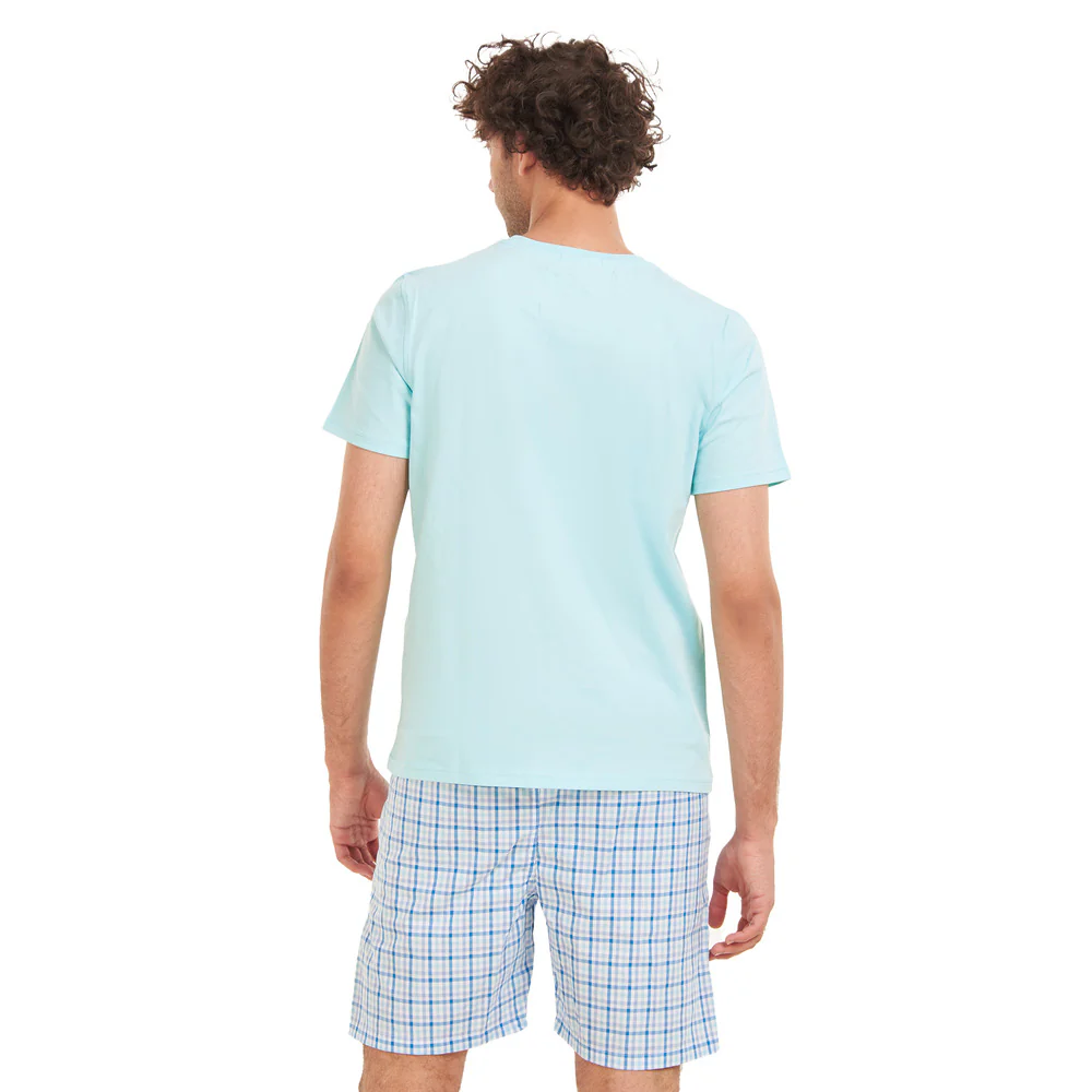 Men summer pajama set Baby Blue T-shirt +Aqua x Blue Checkered shorts - Image 4