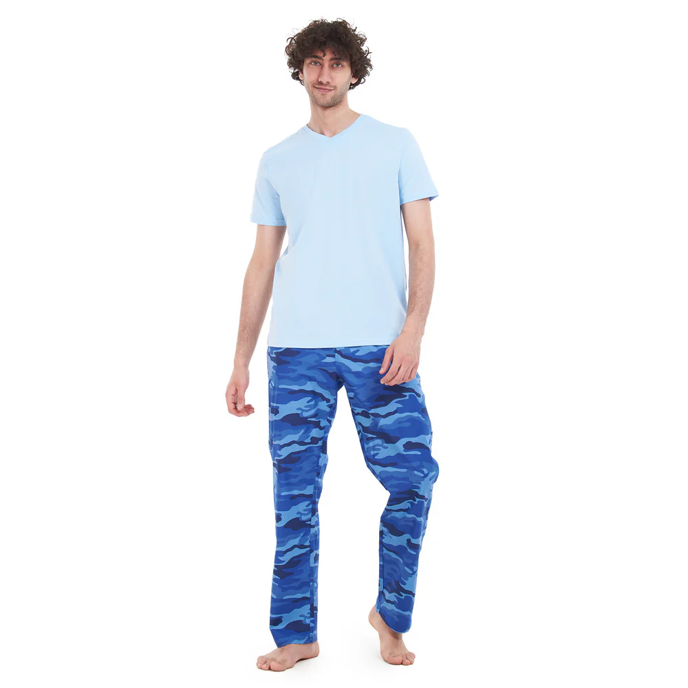 Men summer pajama set Baby Blue T-shirt + Blue Camouflage pants - Image 2