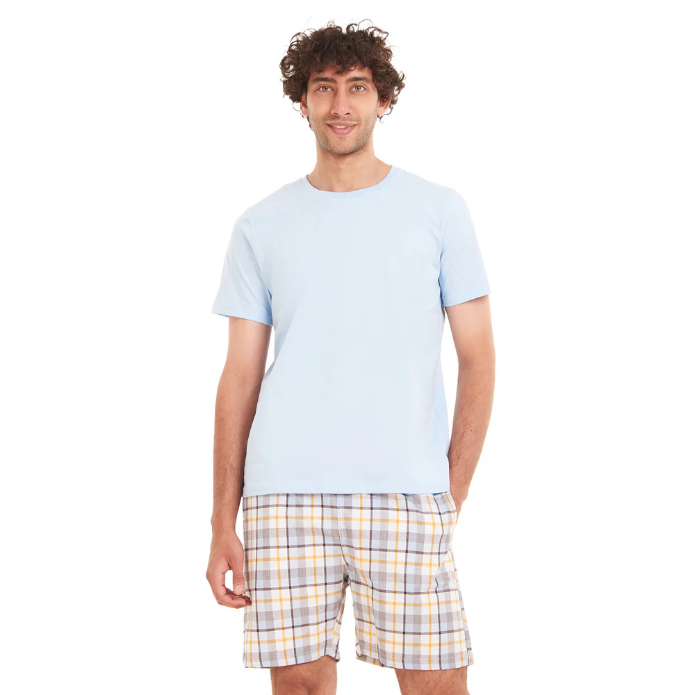 Men summer pajama set Baby Blue T-shirt + Light Blue x Yellow Checkered shorts