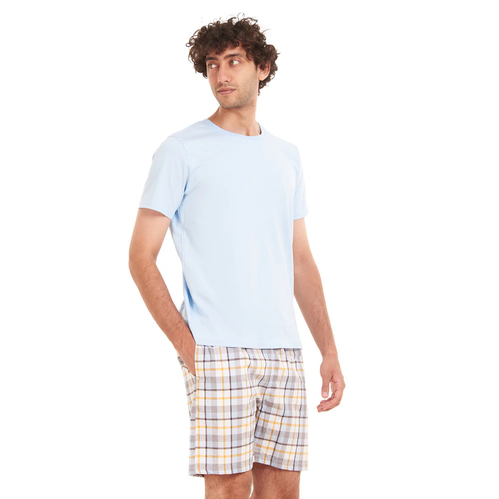Men summer pajama set Baby Blue T-shirt + Light Blue x Yellow Checkered shorts - Image 2