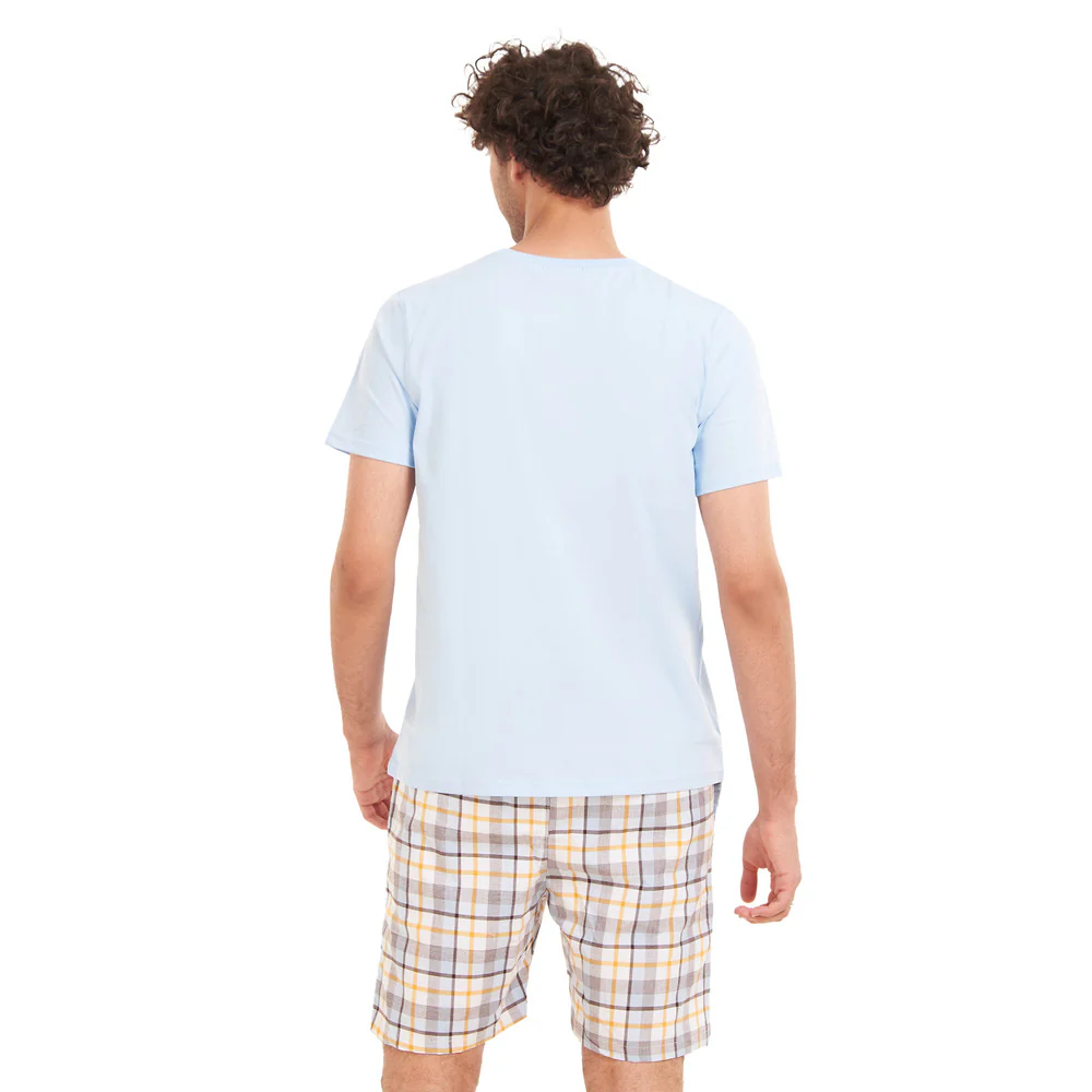 Men summer pajama set Baby Blue T-shirt + Light Blue x Yellow Checkered shorts - Image 3