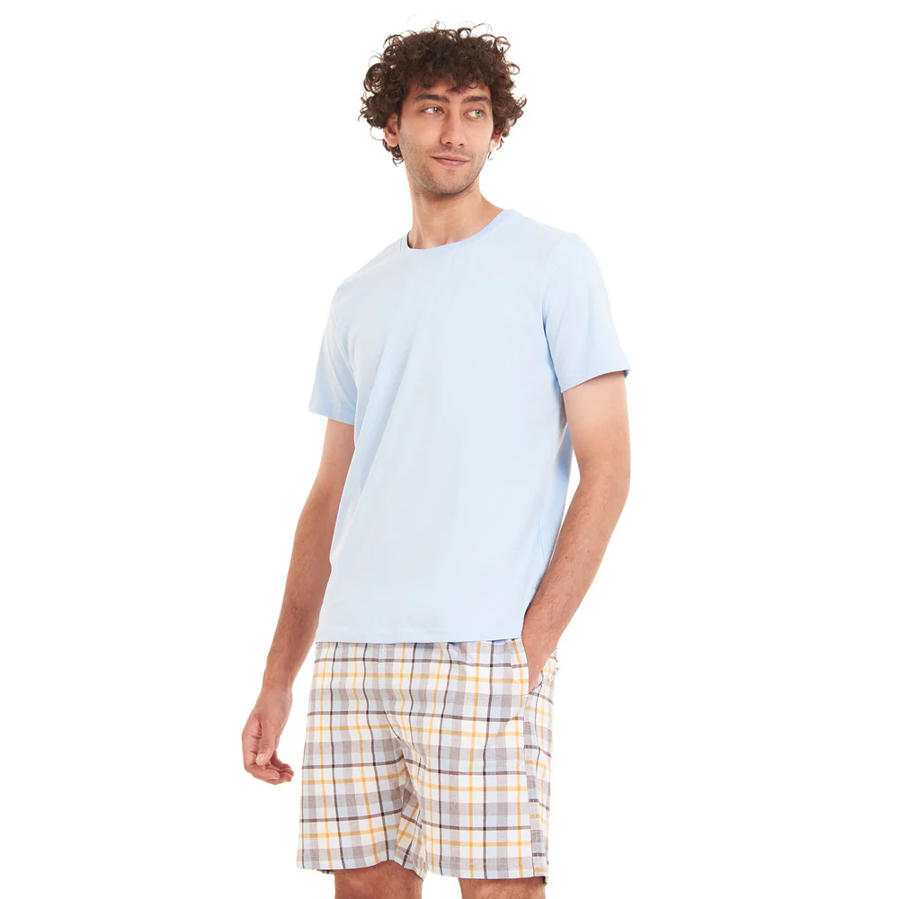 Men summer pajama set Baby Blue T-shirt + Light Blue x Yellow Checkered shorts - Image 4