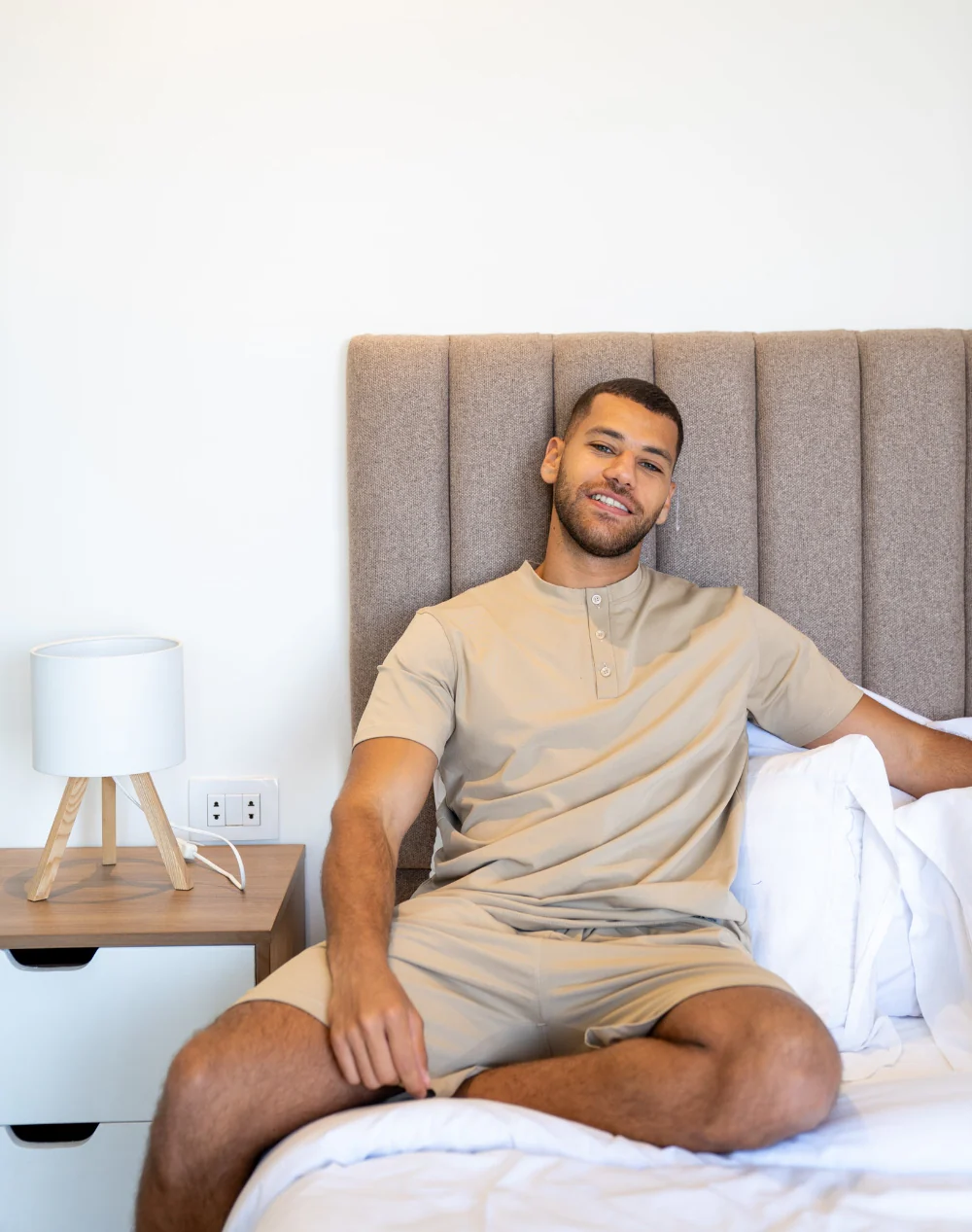 Men Summer Pajama Set Beige Buttoned Tee + Short - Image 2