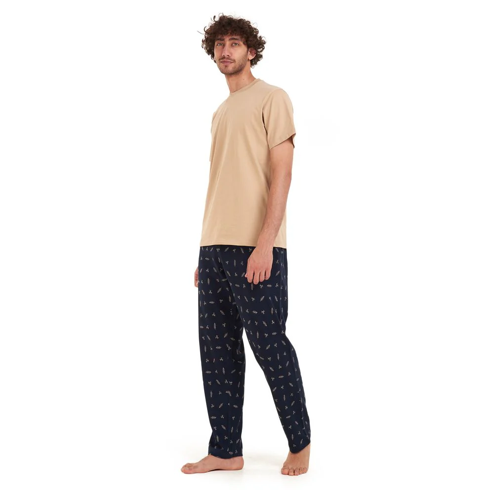Men summer pajama set Beige t-shirt +Dark blue leaves Pants - Image 2
