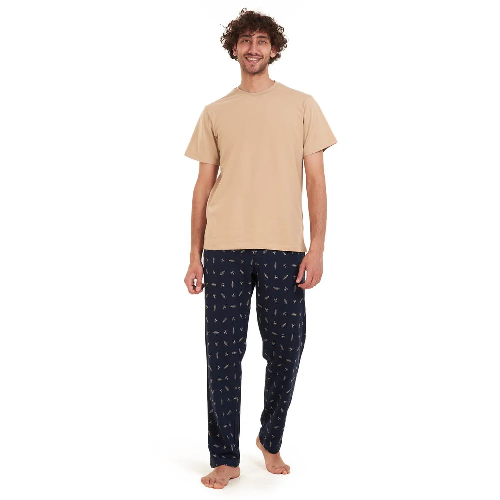 Men summer pajama set Beige t-shirt +Dark blue leaves Pants - Image 3
