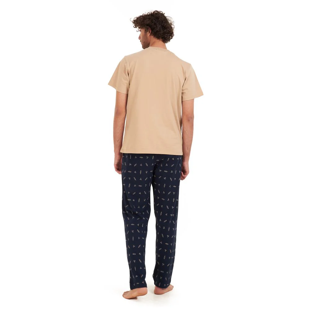 Men summer pajama set Beige t-shirt +Dark blue leaves Pants - Image 4