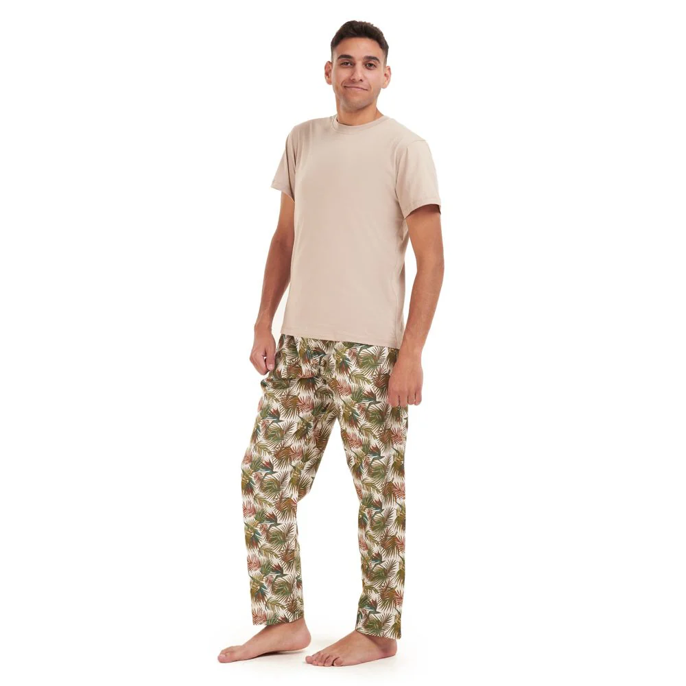 Men summer pajama set Beige t-shirt +Havane leaves Pants