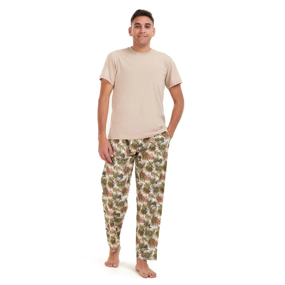 Men summer pajama set Beige t-shirt +Havane leaves Pants - Image 2