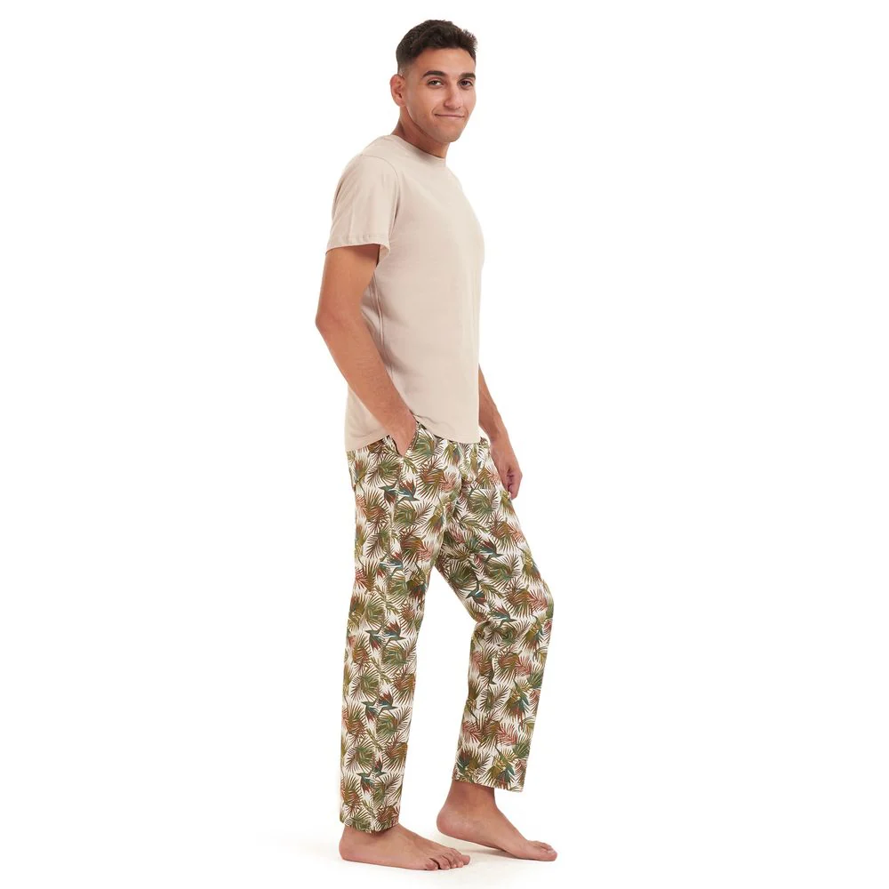 Men summer pajama set Beige t-shirt +Havane leaves Pants - Image 3