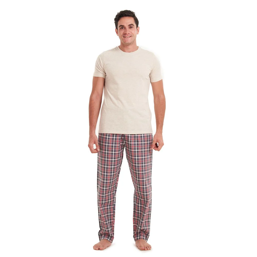 Men summer pajama set Beige T-shirt + Light red checkered pants - Image 2