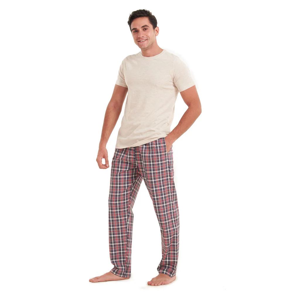 Men summer pajama set Beige T-shirt + Light red checkered pants - Image 3