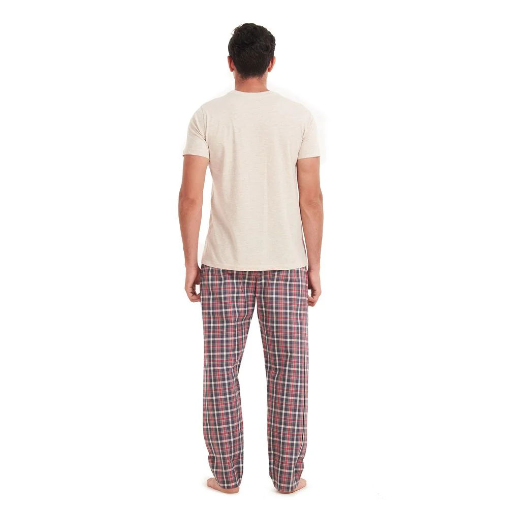 Men summer pajama set Beige T-shirt + Light red checkered pants - Image 4