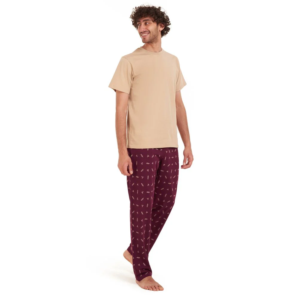Men summer pajama set Beige t-shirt +Maroon leaves Pants - Image 2