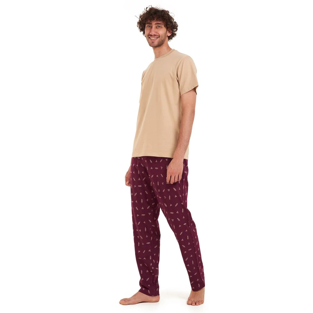 Men summer pajama set Beige t-shirt +Maroon leaves Pants - Image 3