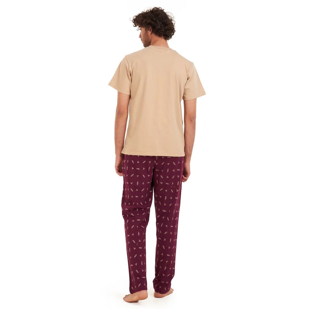 Men summer pajama set Beige t-shirt +Maroon leaves Pants - Image 4