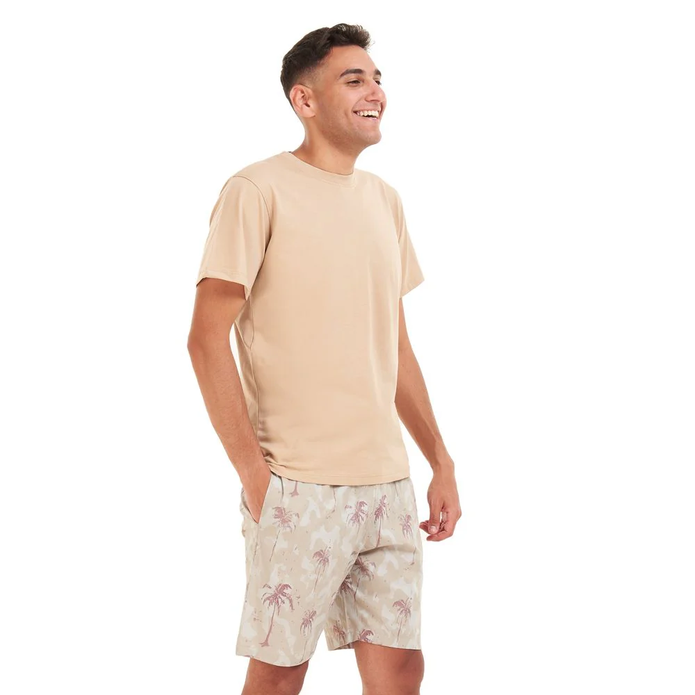 Men summer pajama set Beige T-shirt + Maroon palm short - Image 2