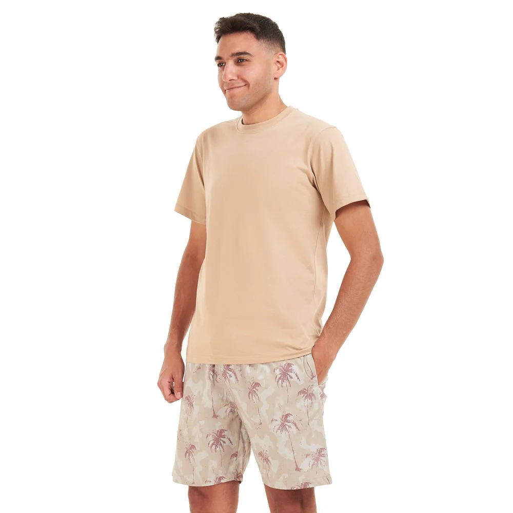 Men summer pajama set Beige T-shirt + Maroon palm short - Image 3