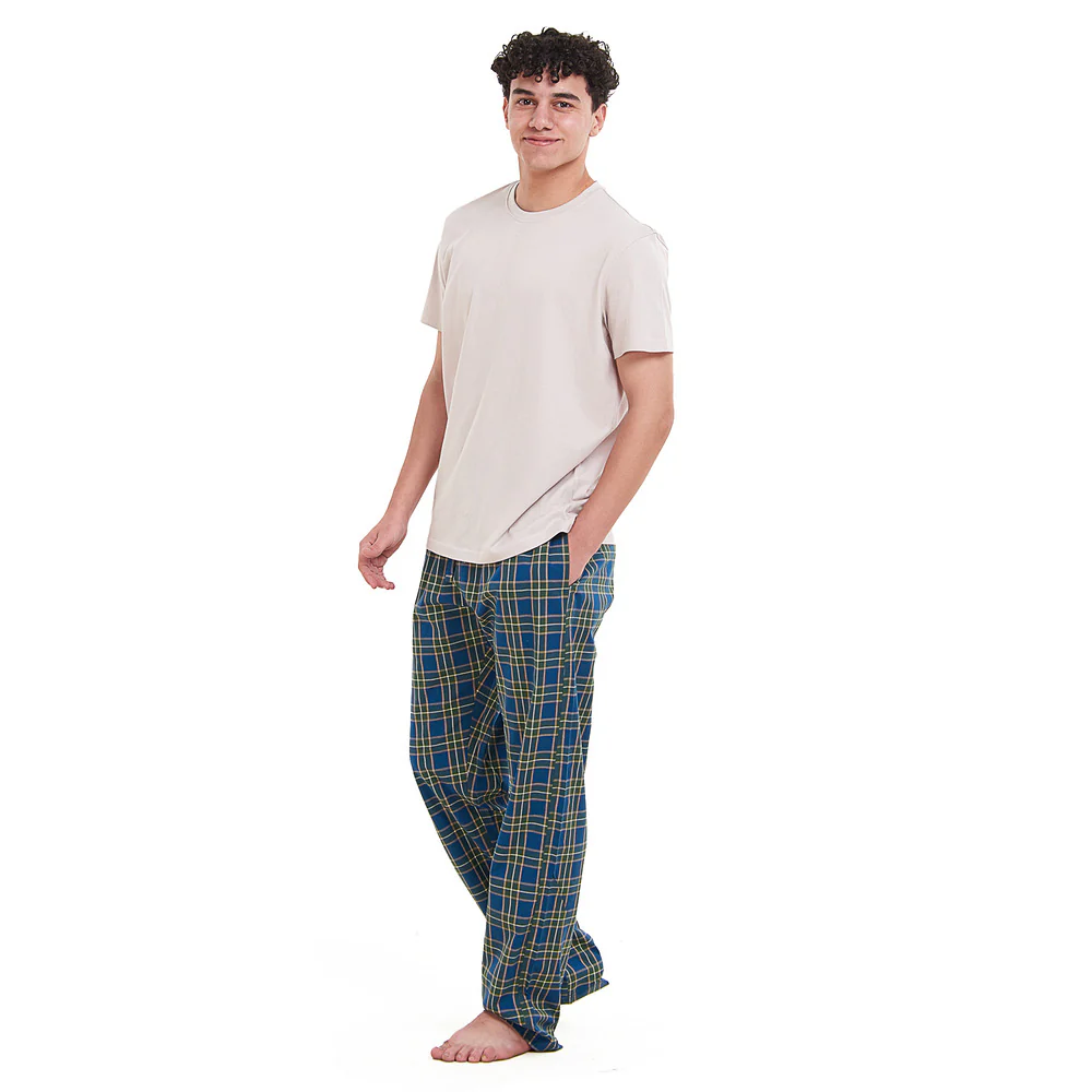 Men summer pajama set Beige T-shirt +Olive x Petroleum checkered Pants - Image 2