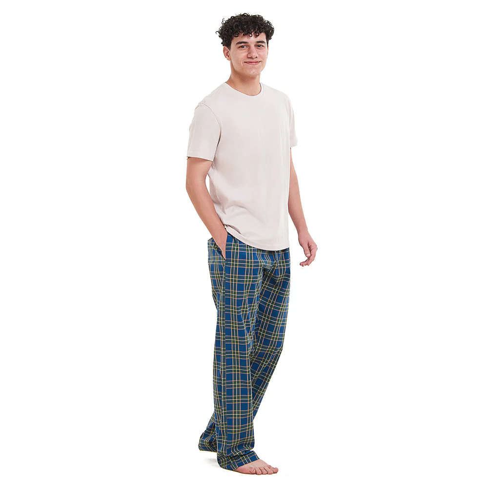 Men summer pajama set Beige T-shirt +Olive x Petroleum checkered Pants - Image 3