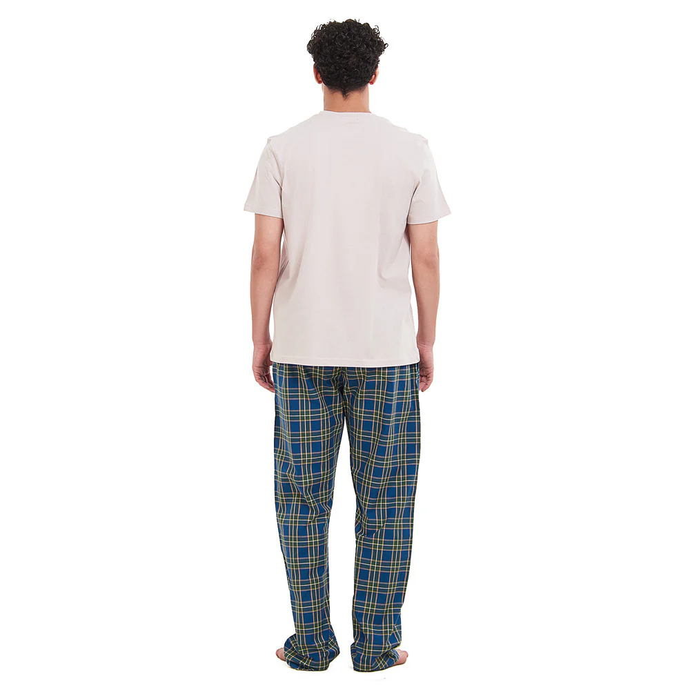 Men summer pajama set Beige T-shirt +Olive x Petroleum checkered Pants - Image 4