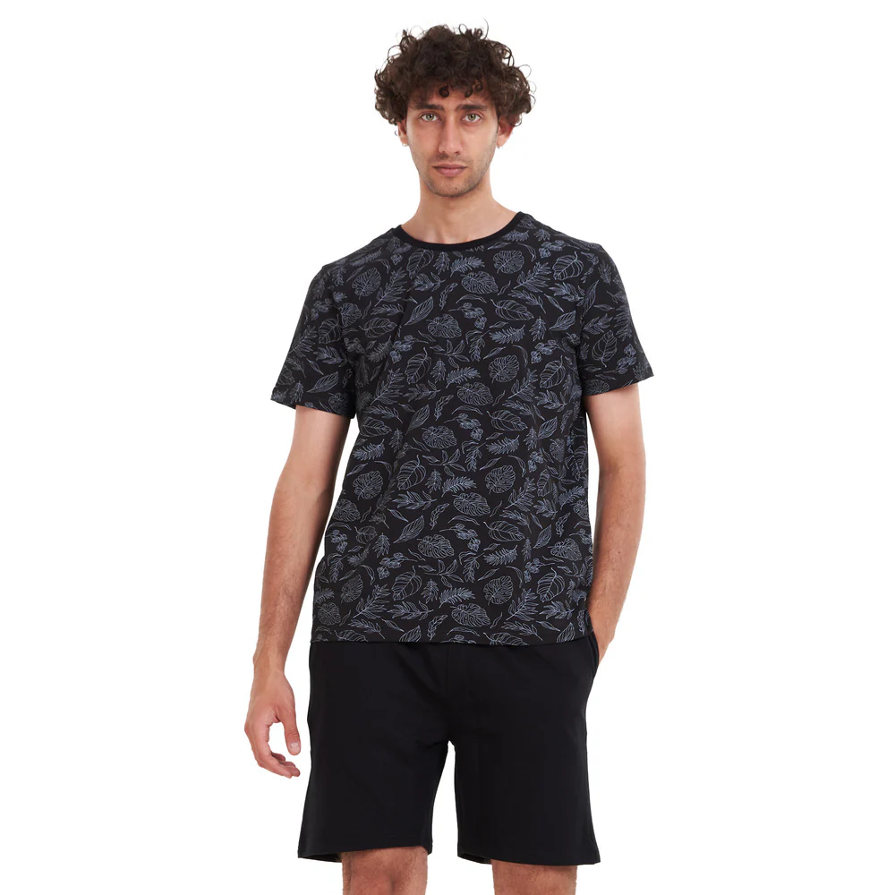 Men summer pajama set Black Flowers T-shirt + Black short - Image 2
