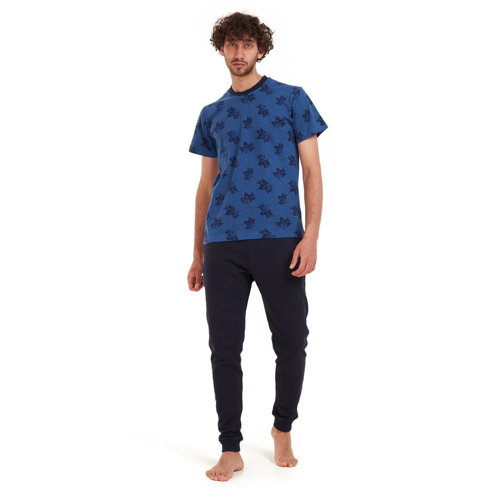 Men summer pajama set Black leaves T-shirt +Dark blue pants - Image 2