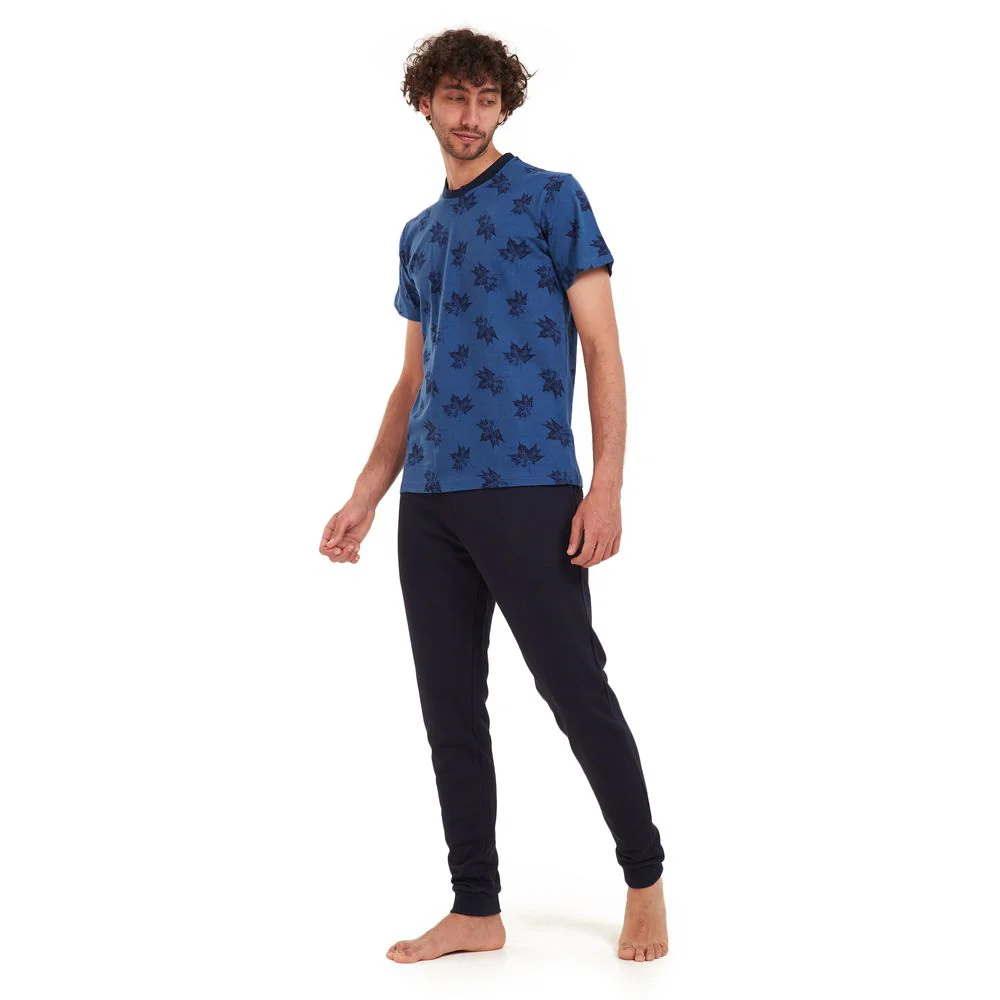 Men summer pajama set Black leaves T-shirt +Dark blue pants - Image 3