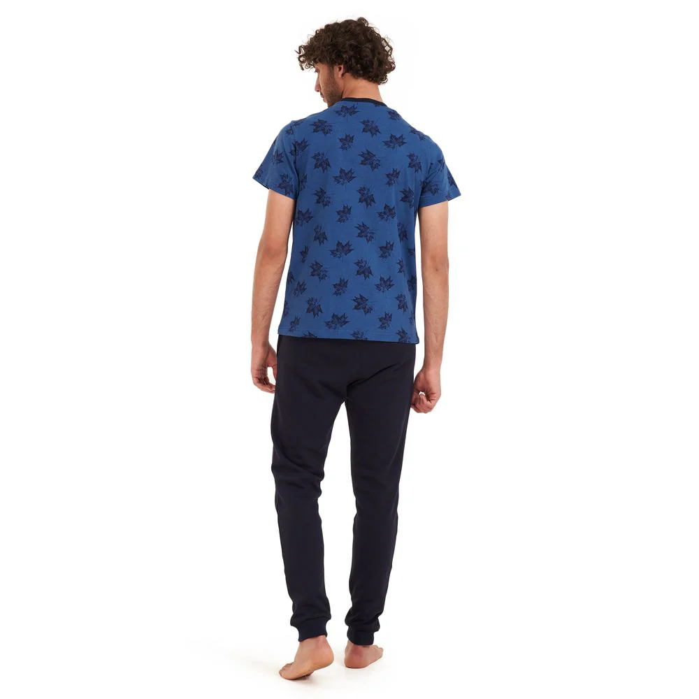 Men summer pajama set Black leaves T-shirt +Dark blue pants - Image 4