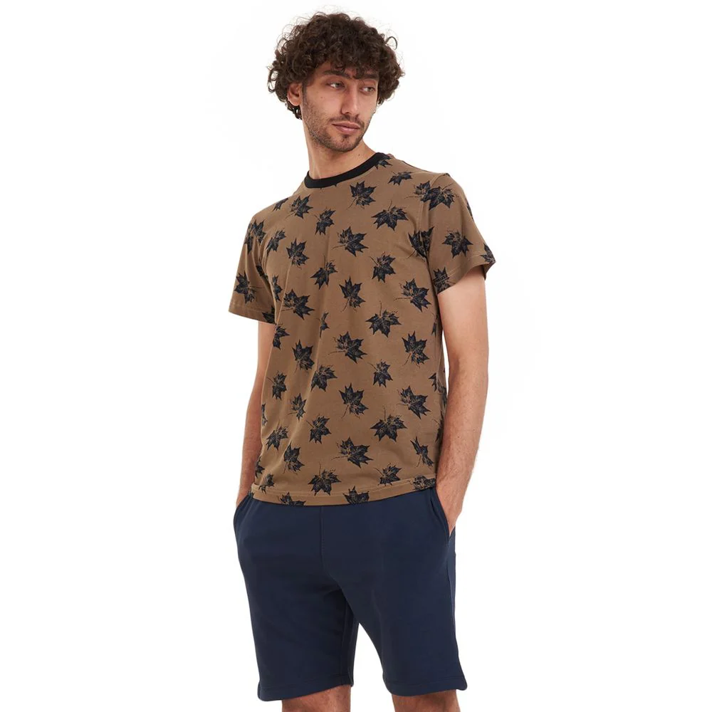 Men summer pajama set Black leaves t-shirt +Dark blue shorts