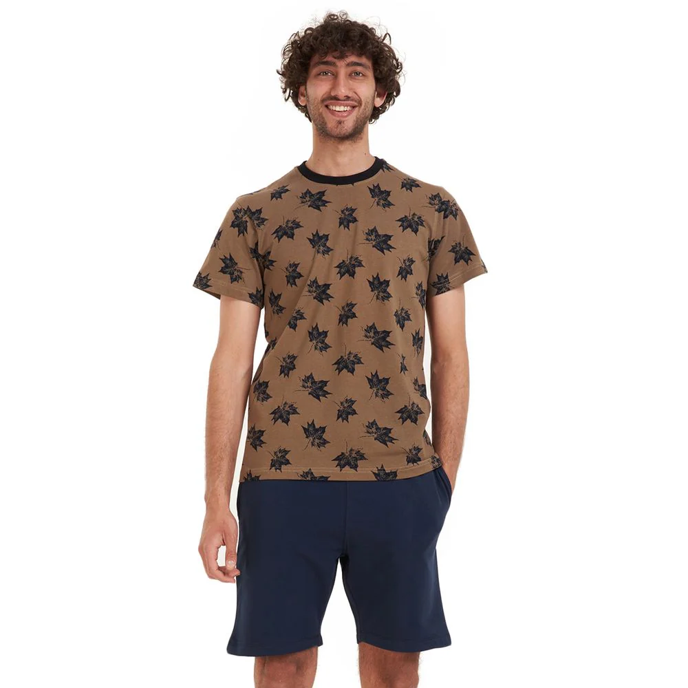 Men summer pajama set Black leaves t-shirt +Dark blue shorts - Image 2