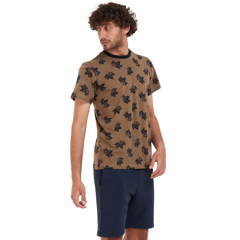 Men summer pajama set Black leaves t-shirt +Dark blue shorts - Image 3