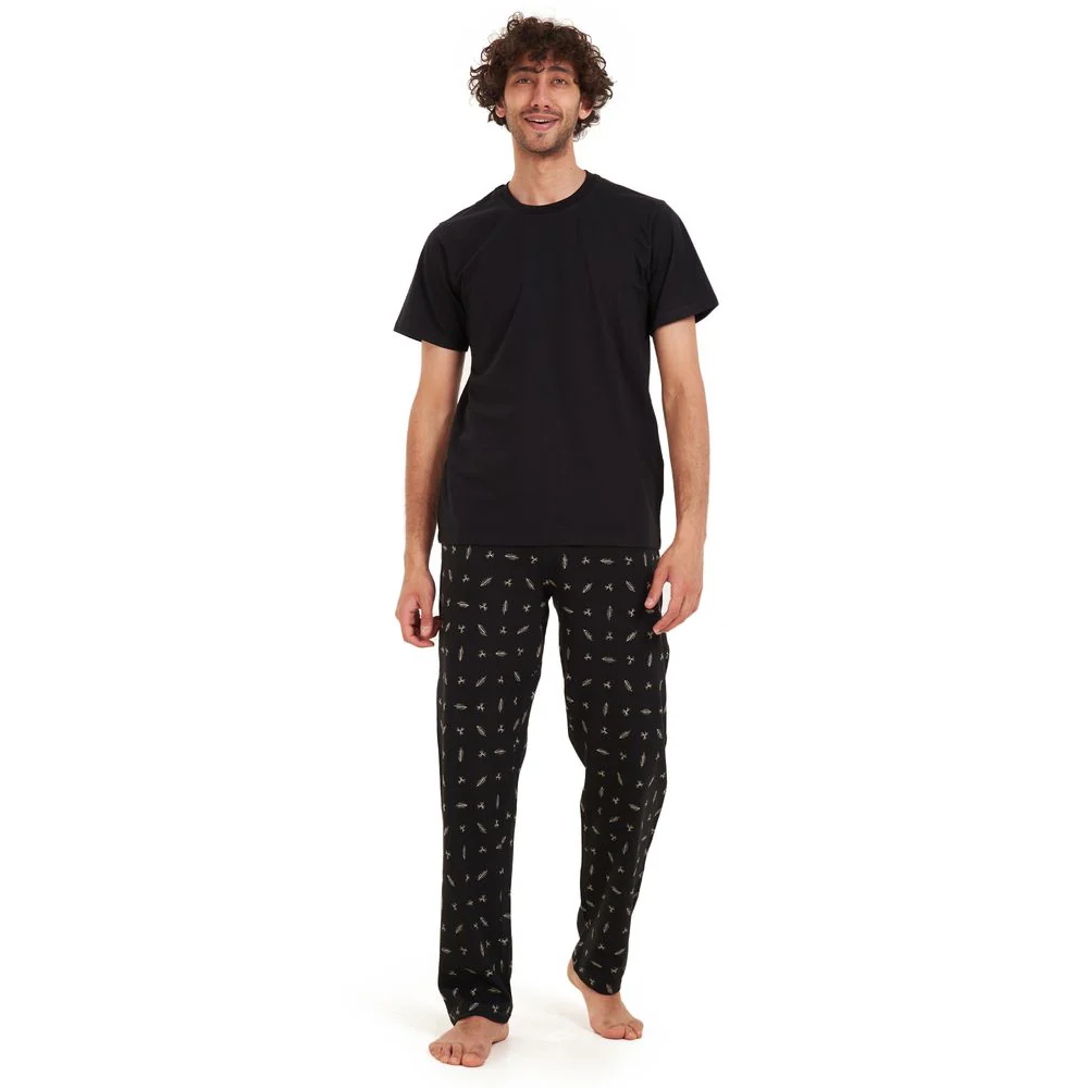 Men summer pajama set Black t-shirt +Black leaves Pants - Image 2