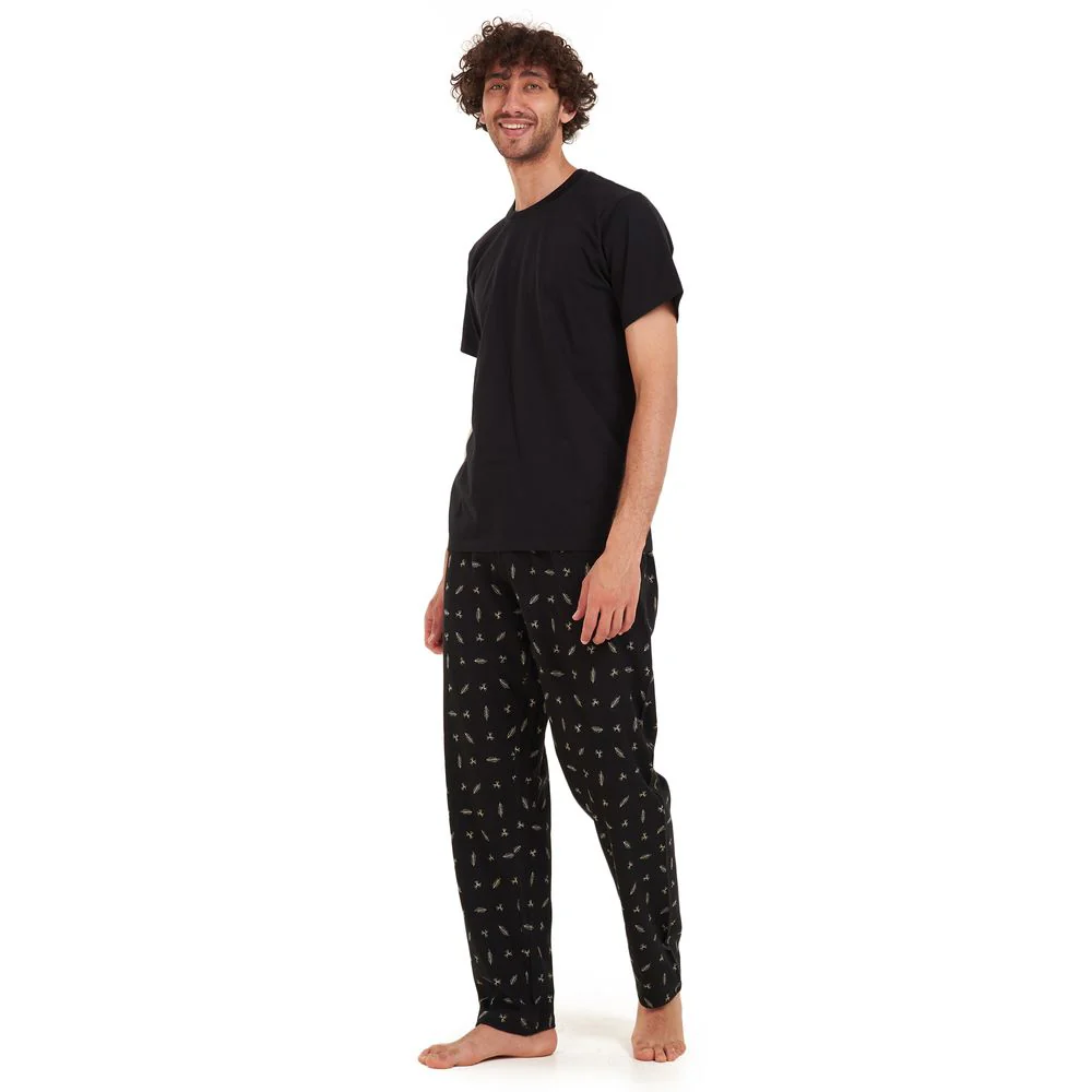 Men summer pajama set Black t-shirt +Black leaves Pants - Image 3