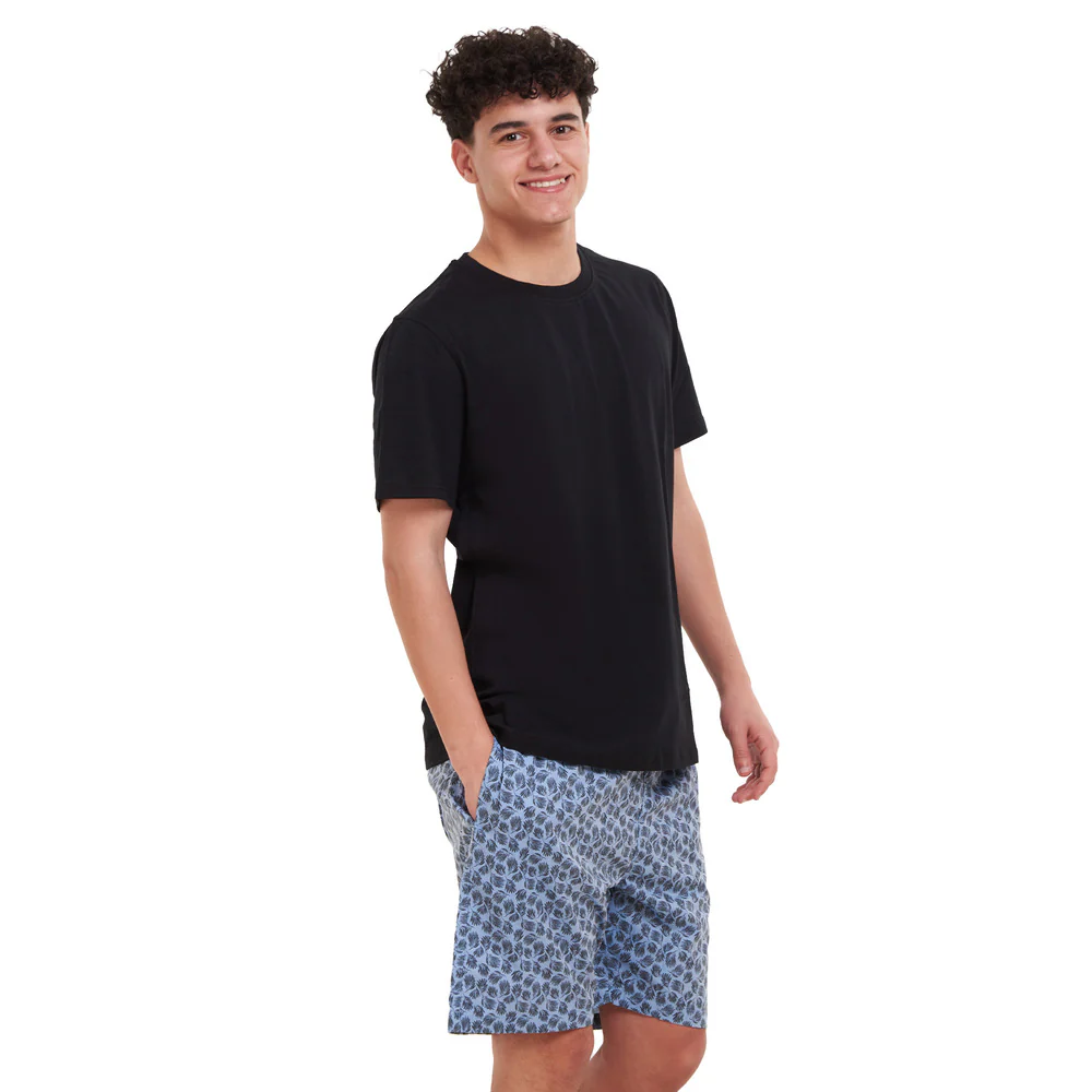 Men summer pajama set Black T-shirt + Black leaves short - Image 3