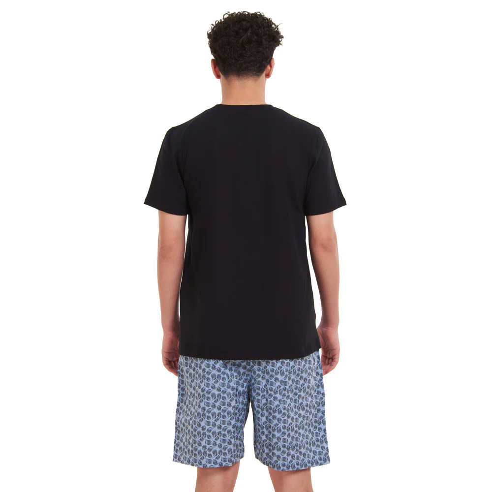 Men summer pajama set Black T-shirt + Black leaves short - Image 4