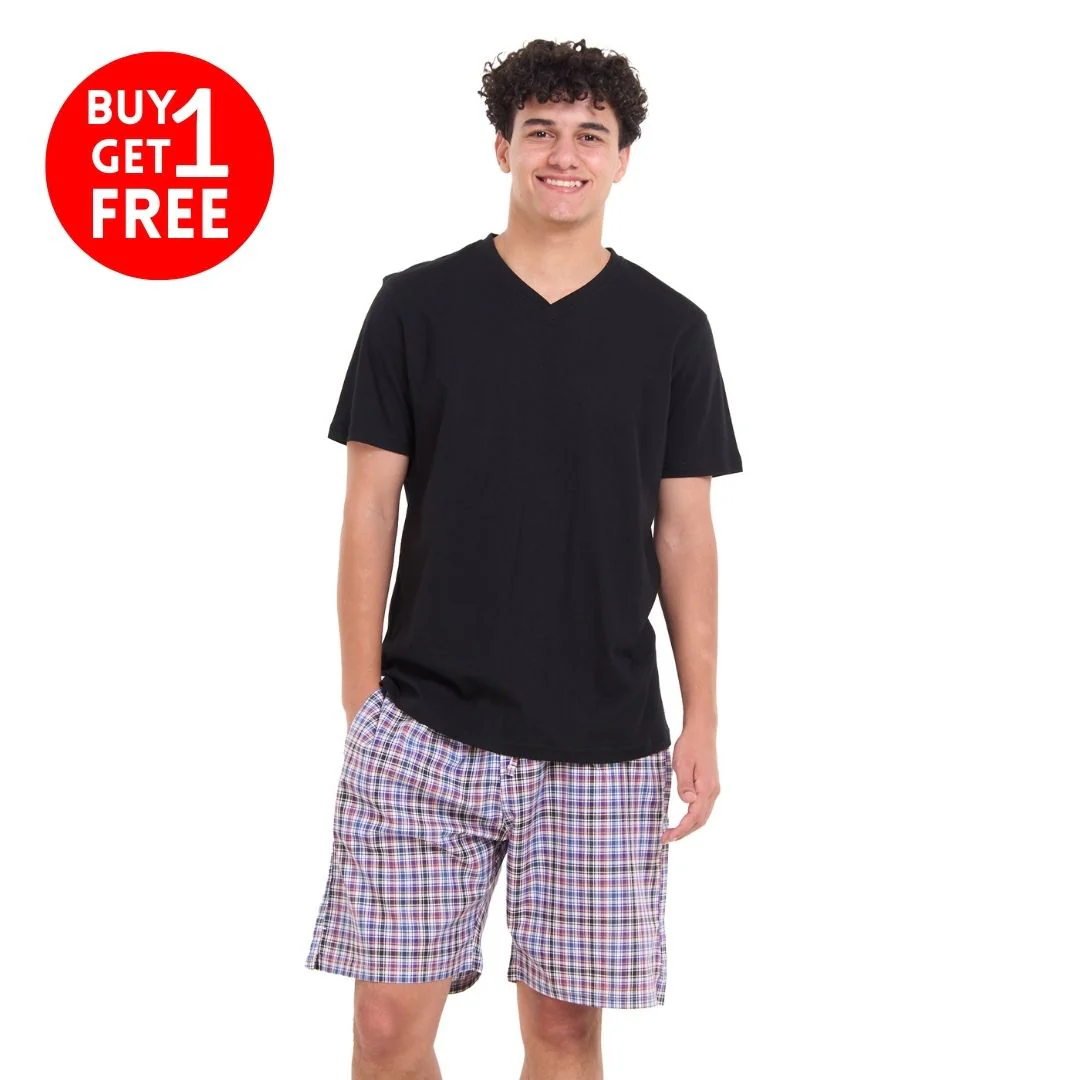 Men summer pajama set Black T-shirt +Black x Dark purple Checkered shorts