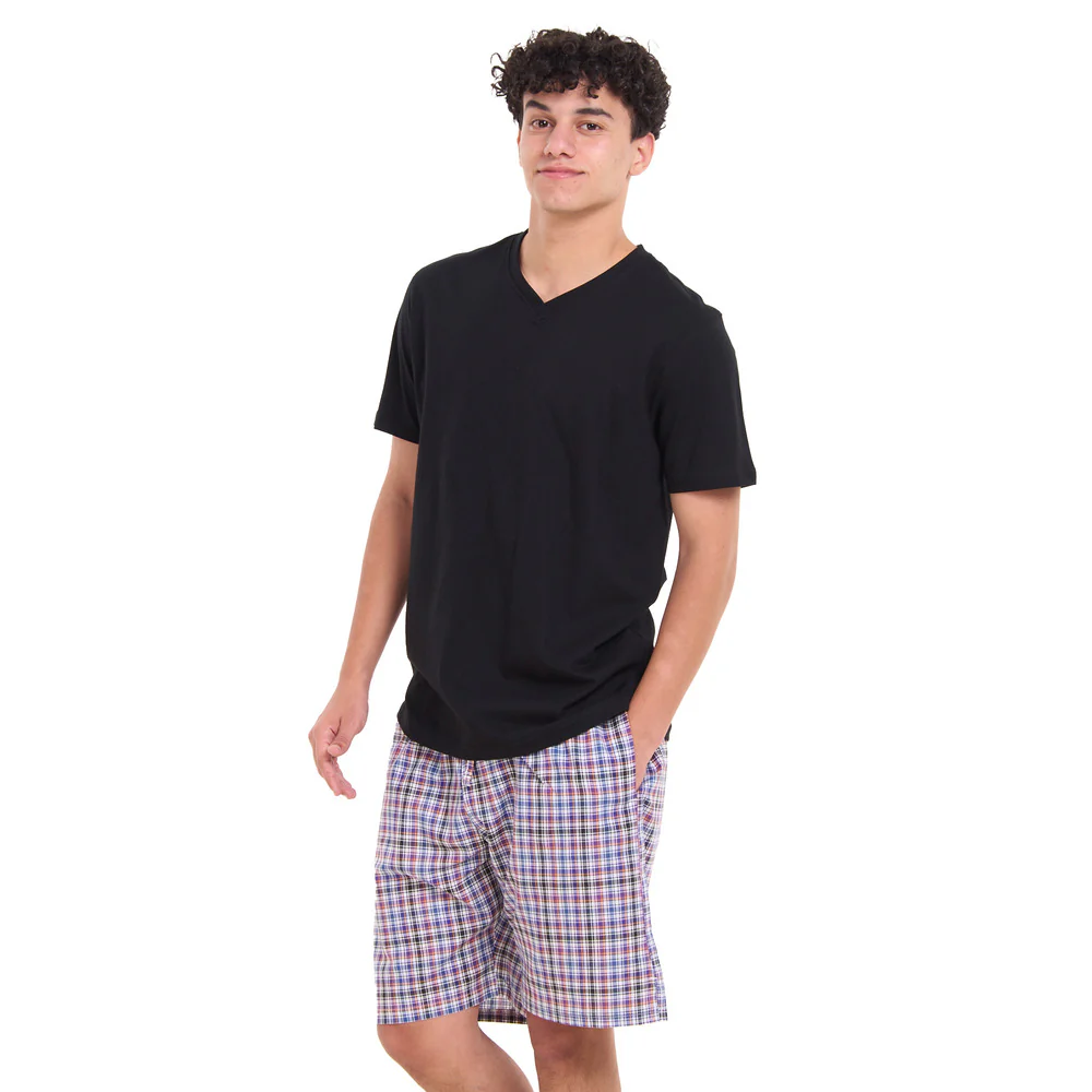 Men summer pajama set Black T-shirt +Black x Dark purple Checkered shorts - Image 2