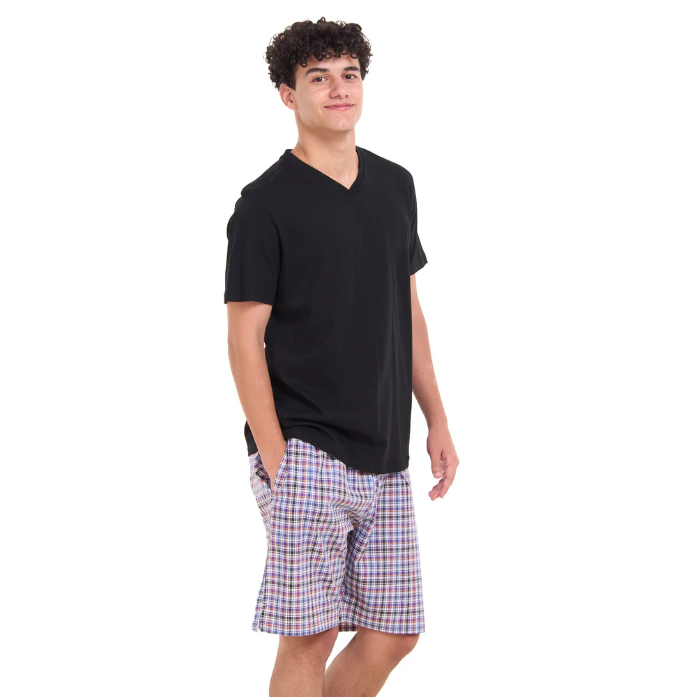 Men summer pajama set Black T-shirt +Black x Dark purple Checkered shorts - Image 3
