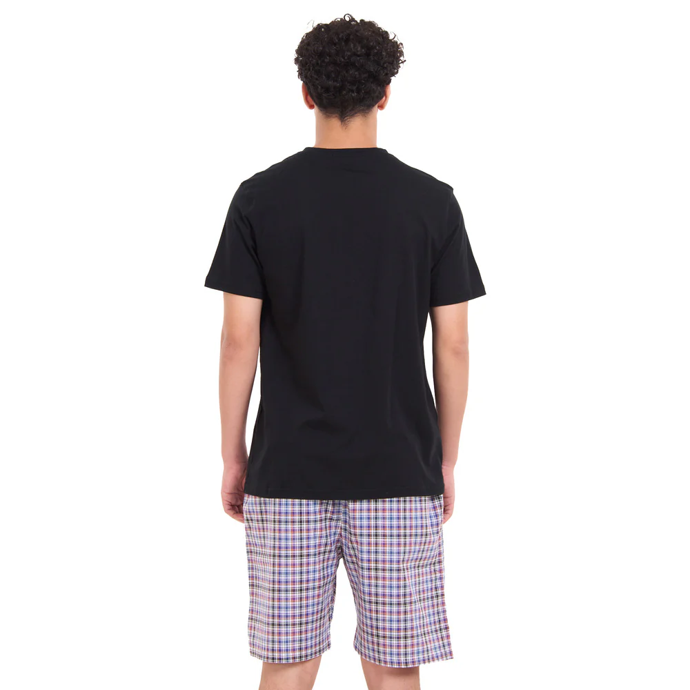 Men summer pajama set Black T-shirt +Black x Dark purple Checkered shorts - Image 4