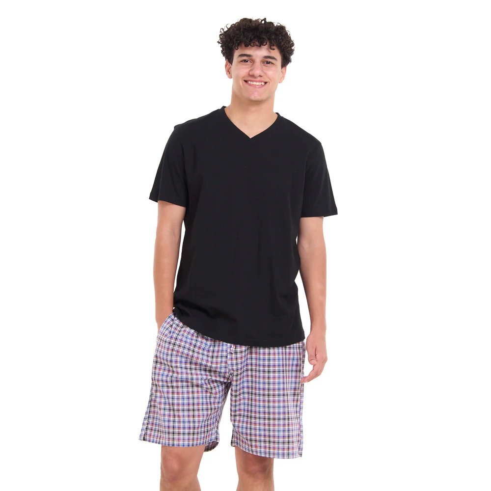 Men summer pajama set Black T-shirt +Black x Dark purple Checkered shorts - Image 5