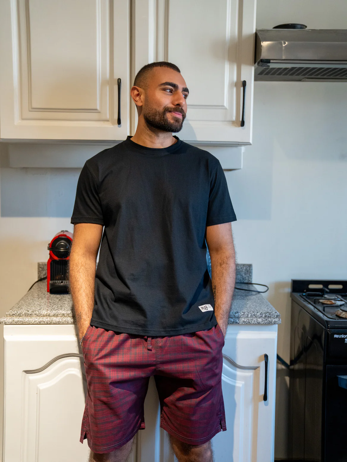 Men summer pajama set Black T-shirt + Black X Dark Red Checkered Short - Image 2