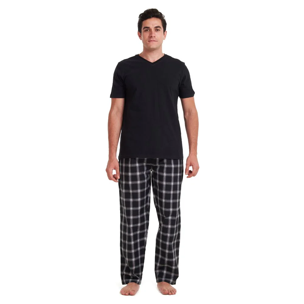 Men summer pajama set Black T-shirt + Black x Grey checkered pants - Image 2