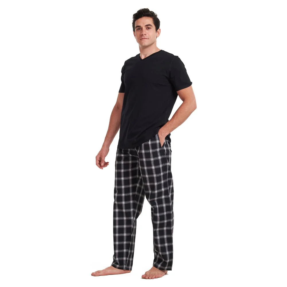 Men summer pajama set Black T-shirt + Black x Grey checkered pants - Image 3