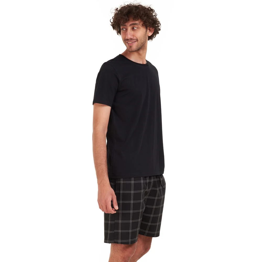 Men summer pajama set Black T-shirt + Black x grey checkered short - Image 2