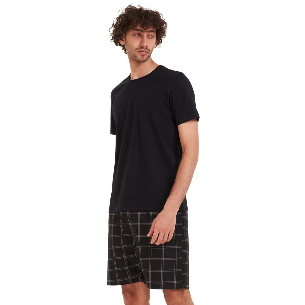 Men summer pajama set Black T-shirt + Black x grey checkered short - Image 3