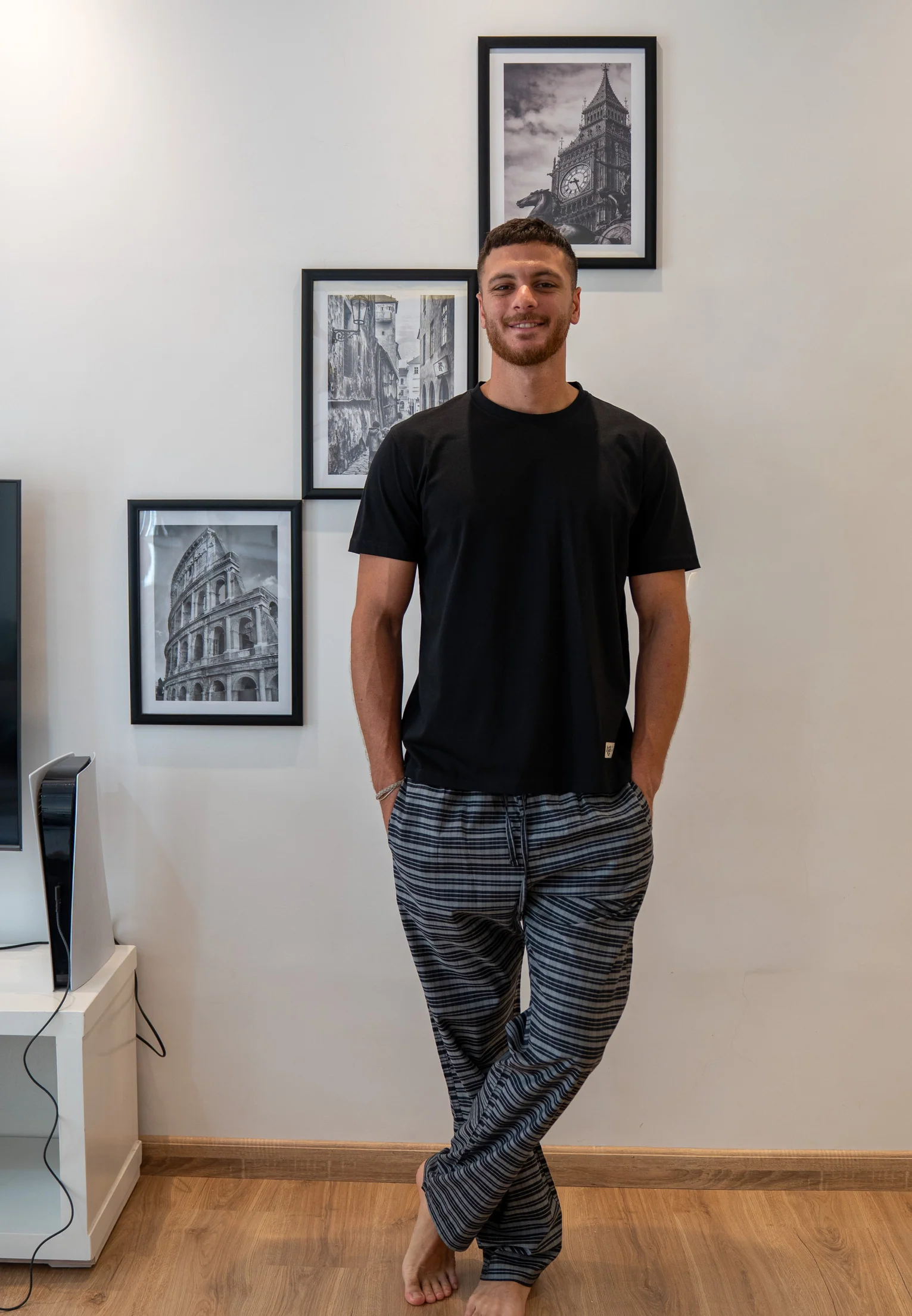 Men summer pajama set Black T-shirt + Black X Grey Stripes Pants - Image 2