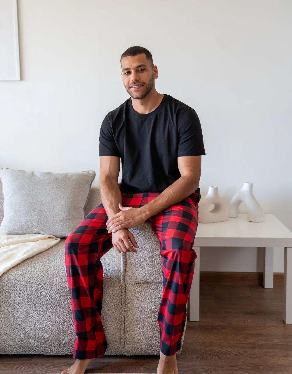 Men Summer Pajama Set Black T-shirt +Black X Red Checkered Pants - Image 2