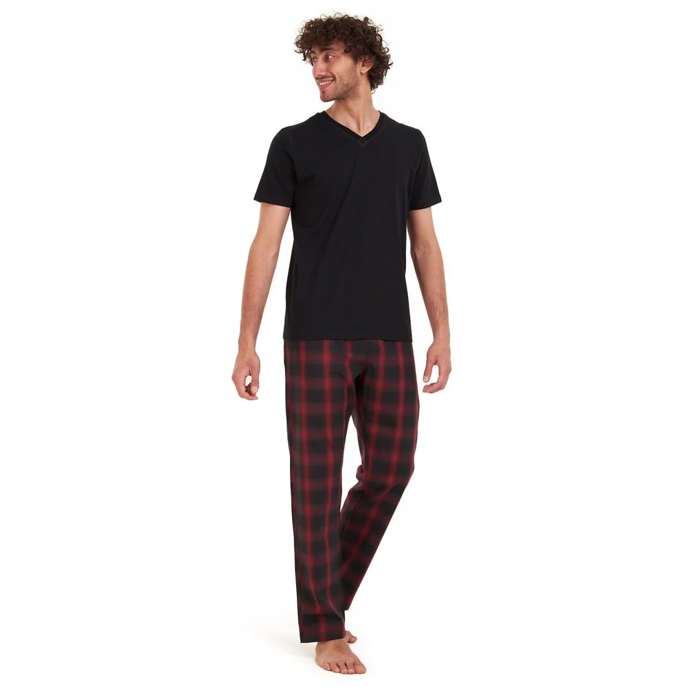 Men summer pajama set Black t-shirt +Black x red checkered Pants - Image 2