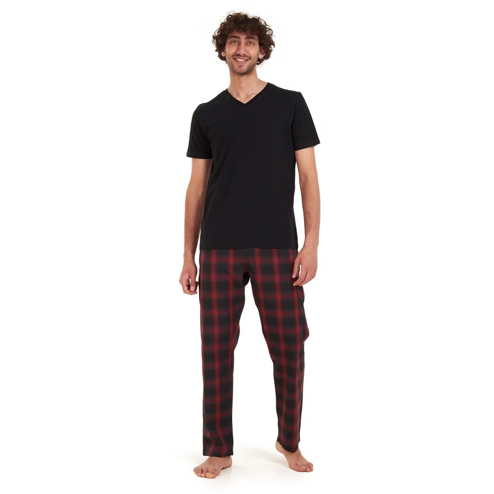 Men summer pajama set Black t-shirt +Black x red checkered Pants - Image 3